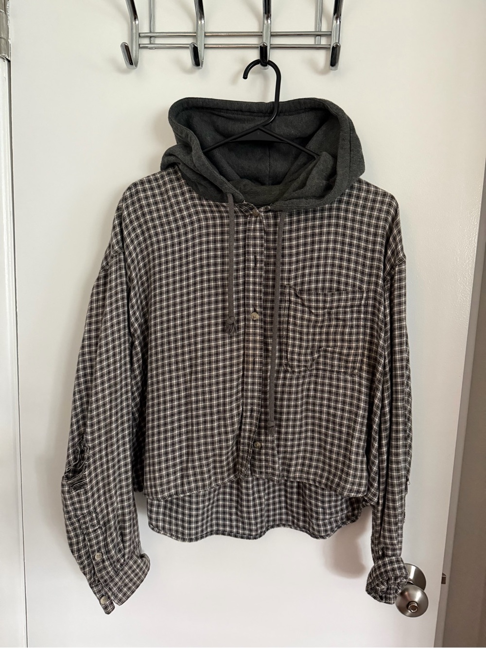 American Eagle Outfitters Gray Plaid Hooded Shirt Jacket